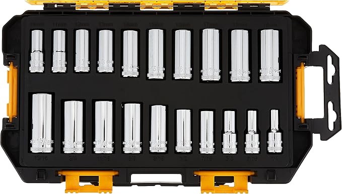 DEWALT Deep Socket Set, 20-Piece, 3/8" Drive Metric/SAE (DWMT73812) & Deep Socket Set, 20-Piece, 1/4" Drive Metric/SAE (DWMT73811)