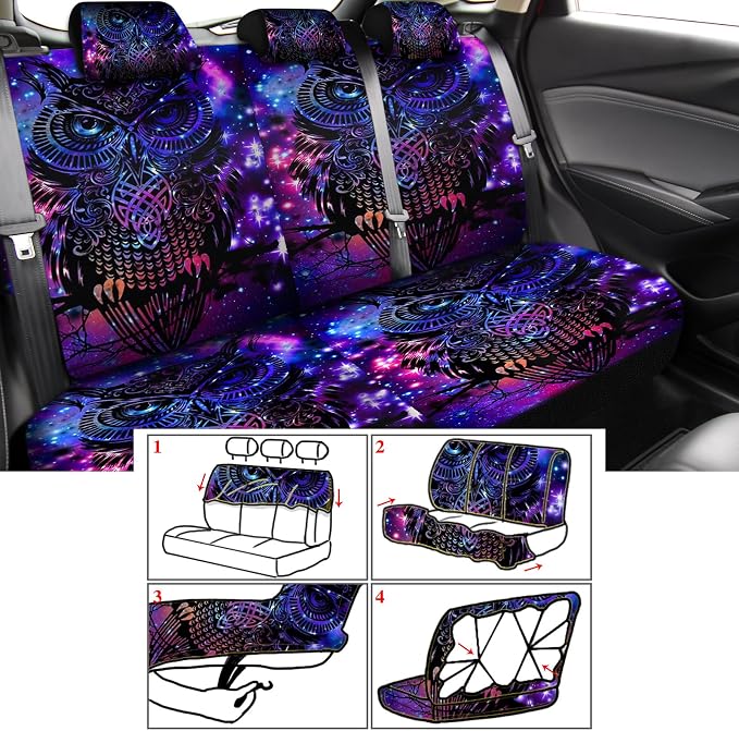 Riakrum 15 Pcs Purple Colorful Owl Car Seat Covers Full Set Space Cats Car Covers for Front Rear Seat Steering Wheel Wrist Strap Armrest Pad Shoulder Pads