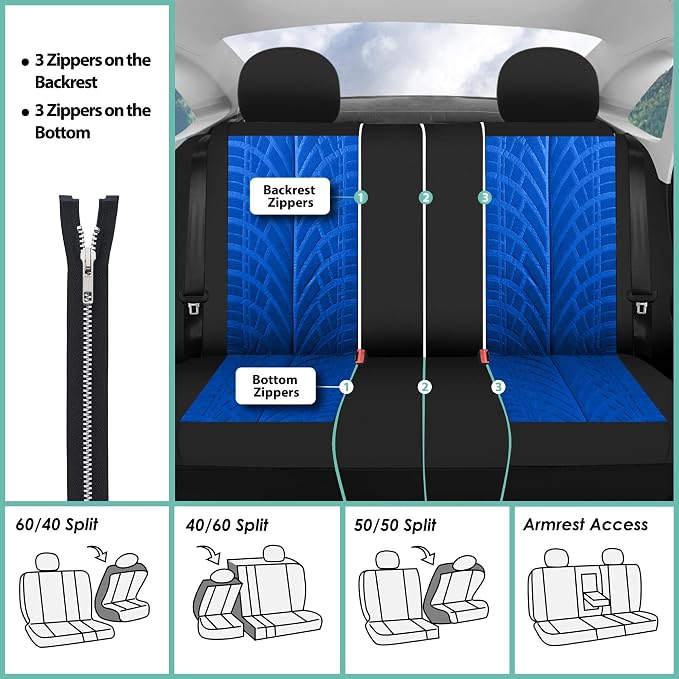 FH Group Three Row Set 7 Seater Blue Travel Master Car Seat Covers, Airbag and Split Rear Car Seat Cover Universal Fit Interior Accessories for Cars Trucks & SUV Automotive Seat Covers