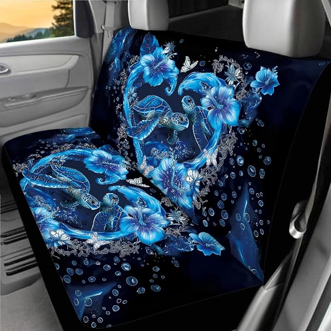 Ocean Turtle Car Seat Covers Full Set of 18 Universal Car Interior Accessories Full Set Blue Sea Turtle Car Headrest Covers Seat Auto Seat Belt Pads Cover Car Trash Can,Easy to Install