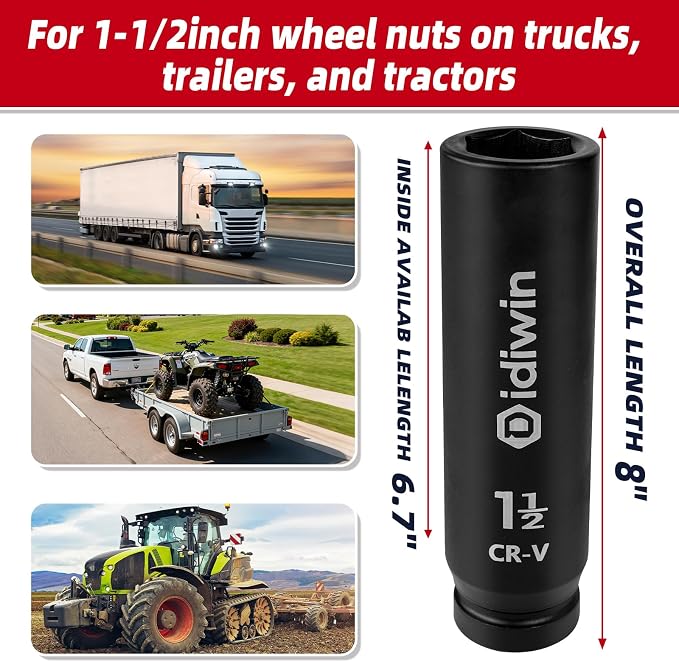 1'' Drive 1-1/2'' Extra Deep Impact Socket, 8'' (200mm) Long, 6-Point Truck & Trailer & Tractor Wheel Nut Impact Socket, Heat Treated CR-V Alloy Steel, One-Piece Forged, Radius corner design