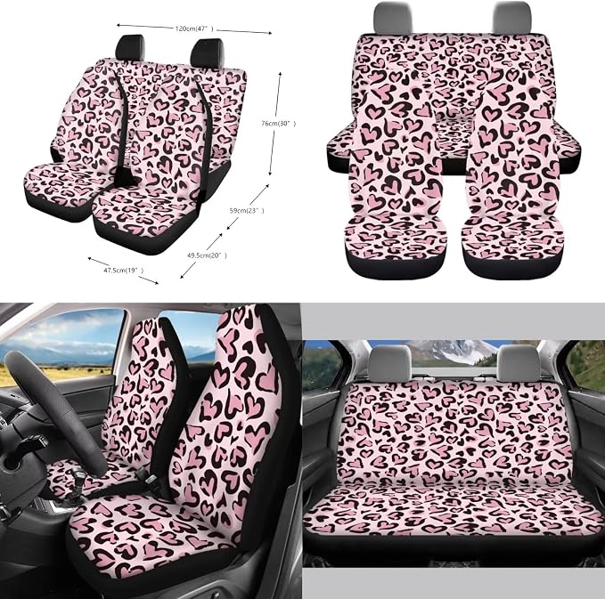 Leopard Heart Print Car Seat Covers Full Sets of 10 Waterproof Steering Wheel Cover, Car Air Vent Storage, Car Garbage Can, Cup Coaster, Lanyard Keychain for Vehicle SUV Truck