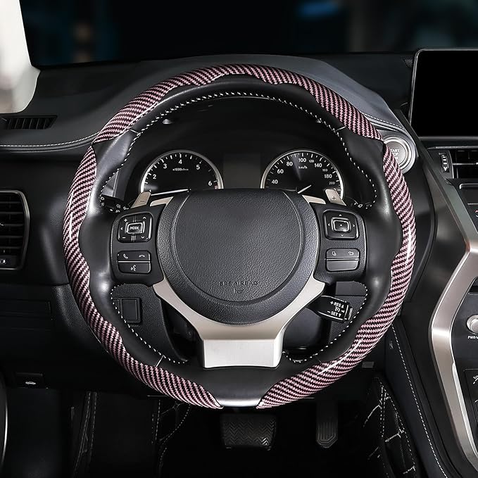 Carbon Fiber Steering Wheel Covers 3 Piece Clip on Steering Wheel Cover (Pink)