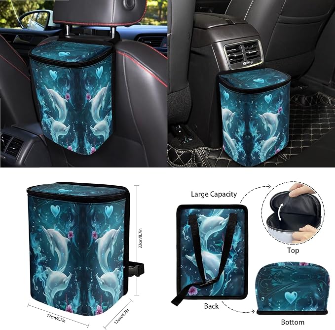 Dolphin Hibiscus Heart Print Car Seat Cover Full Set of 15 Steering Wheel Covers Seatbelt Strap Pad Trash Cans Air Vent Storage Bag Rearview Mirror Cover Cup Holder Keychain