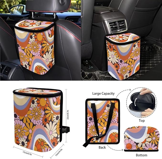 Hippie Daisy Floral Print Car Seat Cover Sets Car Steering Wheel Cover Seat Belt Cover Trash Bin Air Vent Storage Box Front Rear View Mirror Car Cup Holder Keychain 15Pcs Car Accessories