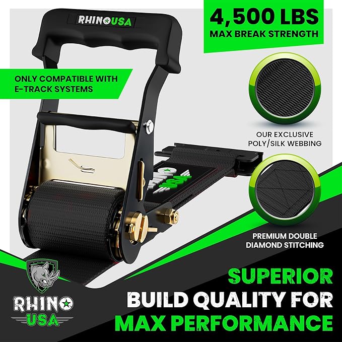 Rhino USA E Track Ratchet Tie Down Straps (4,500lb Break Strength) - Includes (2) Premium 2" x 16' eTrack Tie Downs - Ultimate Heavy Duty eTrack Cargo Strap System for Trailer, Truck, Motorcycle
