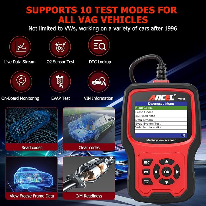 ANCEL VD700 with ANCEL Protective Case Storage Bag All System OBD2 Scanner with 8 Special Functions Fit for VAG Vehicles Diagnosis Code Reader