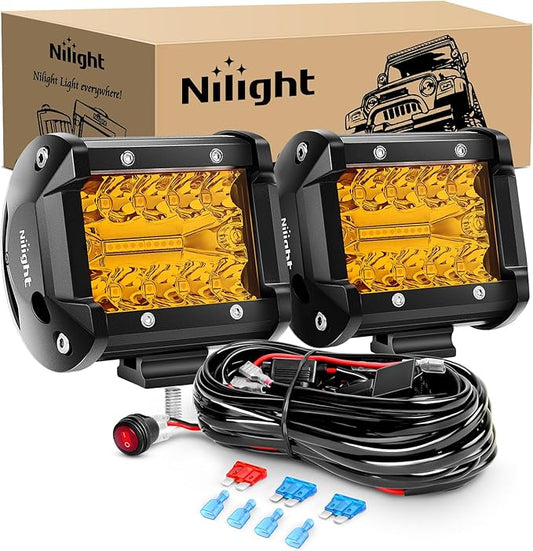 Nilight 2PC 4Inch Amber Led Pods Triple Row 60W Flood Spot Combo Driving Fog Lights with 16AWG Wiring Harness-2 Leads for Offroad Pickup Trucks Jeep ATV UTV SUV, 2 Years Warranty