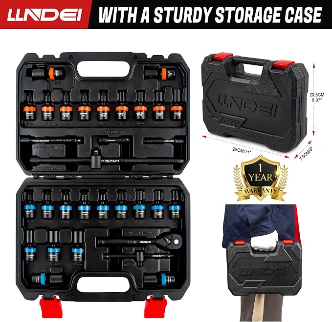 LLNDEI 1/4-Inch Drive Swivel Socket Set, 32 Pieces Standard SAE(5/32 to 9/16") Metric Size(4-15mm) CR-MO Wobble Sockets, 6 Point with Ratchet Wrench Handle, Extension Bars and Adapter