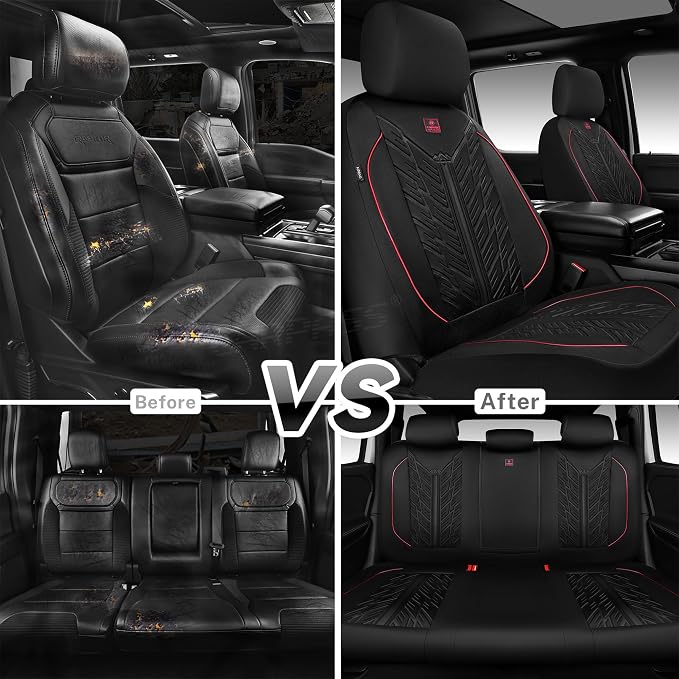 CAR PASS Waterproof Car Seat Covers Full Set,Neoprene Car Seat Covers 5 Seats,3D Tyre Embossed Wetsuit Seat Covers All-Weather Non-Slip Durable Universal Fit Trucks,SUV,Airbag Compatible,Black Red