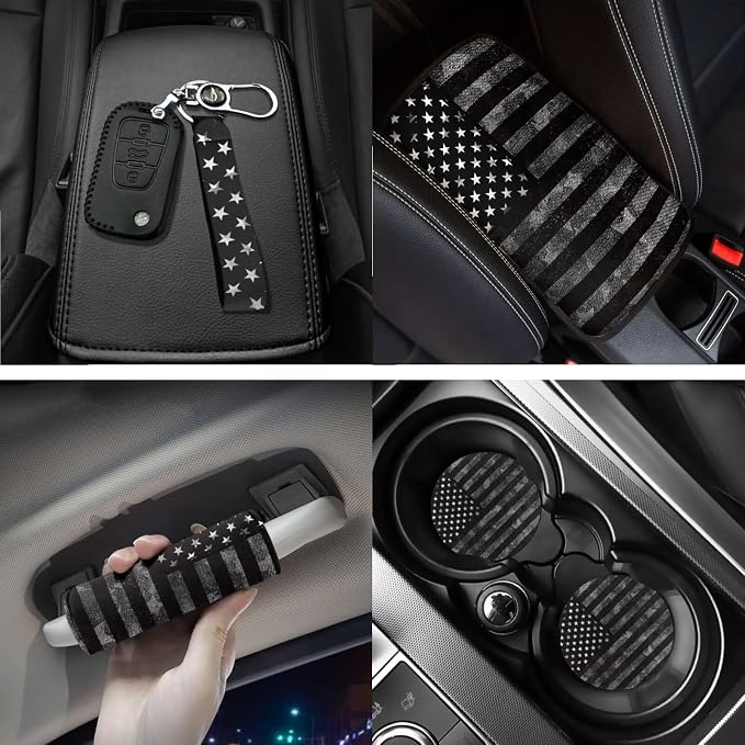 Gray American Flag Car Seat Covers Full Set Floor Mats Steering Wheel Cover Shoulder Pads Armrest Pad Roof Gloves Cup Coaster Keychain Automtovie Interior Accessories Set of 18