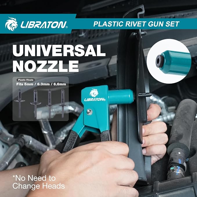 LIBRATON Plastic Rivet Gun Kit with Fastener Remover, 90 Degree Angle Hand Riveter with 40Pcs Nylon Rivets (4 Sizes) & Pry Tool, Universal Nosepiece for Automotive, Ergonomic & 50% Lighter Force