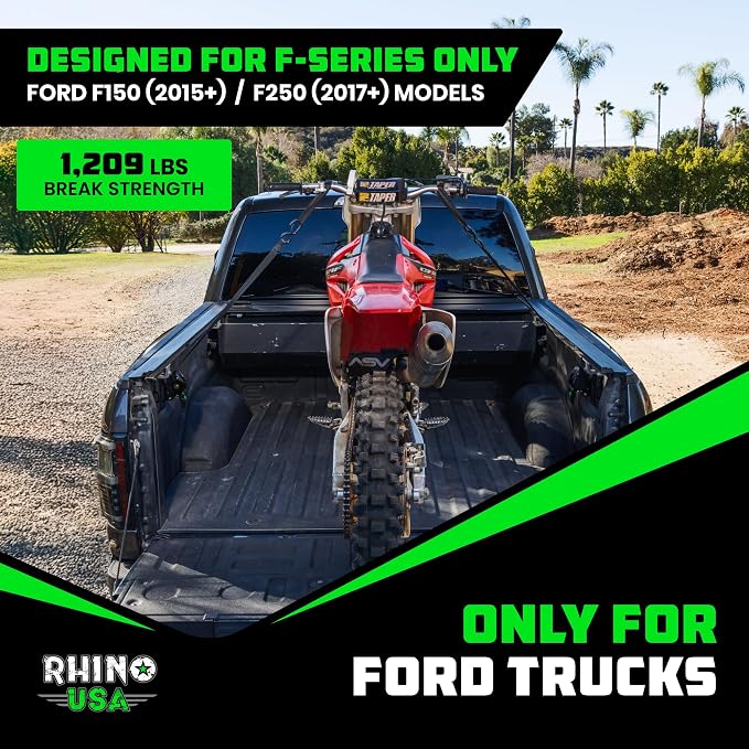 Ford Only – Rhino USA Integrated Cargo Magic Bed-Mounted Retractable Ratchet Straps (2PK) for Ford F150 (2015+) & F250 (2017+) – BoxLink Compatible, 360° Swivel, Heavy-Duty Tie Downs
