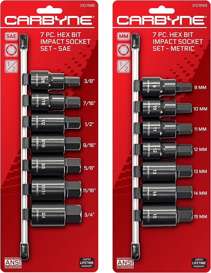 CARBYNE 7 Piece SAE Hex Bit Impact Socket Set (3/8” to 3/4”) AND 7 Piece Metric Hex Bit Impact Socket Set (9mm to 15mm). S2 Steel Bits | 1/2" Drive.