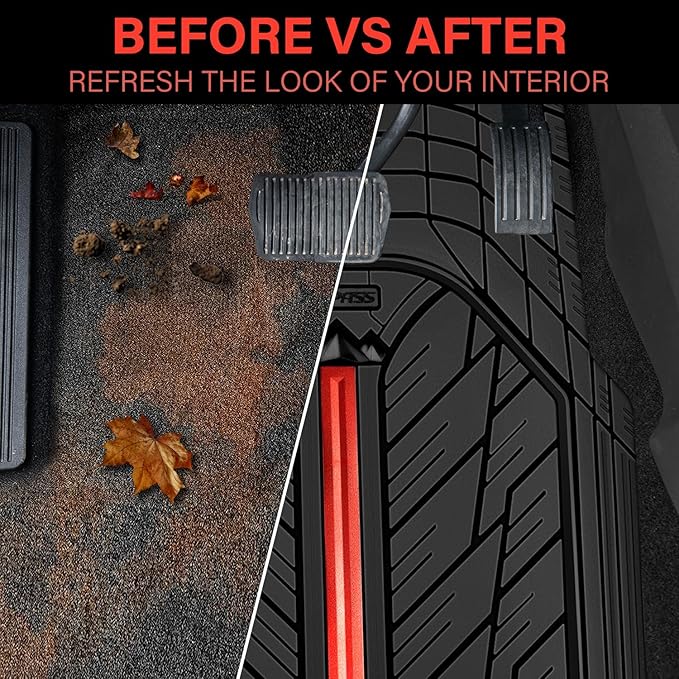 CAR PASS Metal Medium Rubber Floor Mats for Car Heavy Duty Car Mats All Weather, Universal Trim to Fit for Truck SUV Vehicle Automotive Floor Mats, Waterproof Car Mats 4 Piece Black and Red