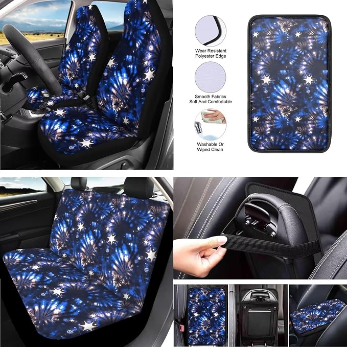 10 Pack Star Cluster Tie Dye Car Seat Covers, Galaxy Universe Blue Stars Front Rear Seat Covers Steering Wheel Cover Coasters, Modern Tie Dyeing Seat Belt Pads