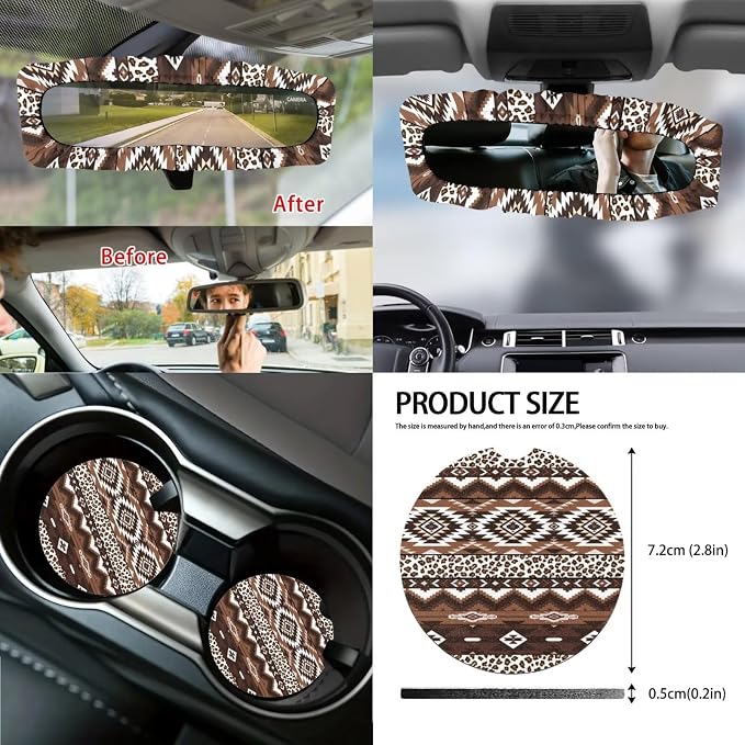 Aztec Tribal Car Seat Covers Full Set of 14 Universal Front and Rear Car Seat Covers with Steering Wheel Cover Center Console Pad Safety Belt Pads for Truck Sedan SUV, Brown