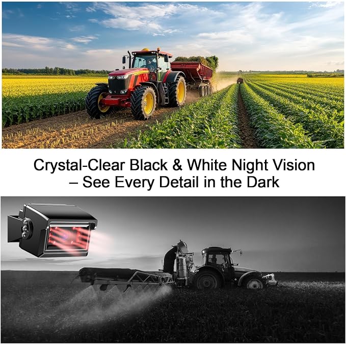 Fookoo 7" AHD 1080P Wired Backup Camera System Vibration-Proof for Tractor | Dual Split Screen Loop Recording IP69 Waterproof IR Night Vision Parking Lines for Excavator/Harvester/Agricultural Equipment