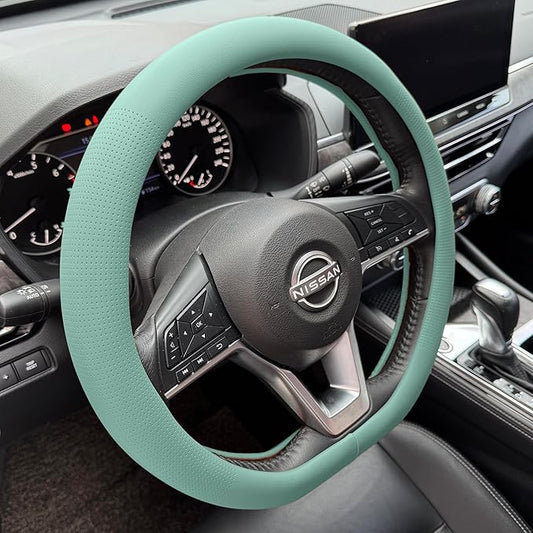 PINCTROT D Shaped Nappa Leather Steering Wheel Cover, Slim Fit No Bulk Design, One Piece Leather with Breathable Perforation, Fit Like Gloves, Flat Bottom 14.5-15 Inch(Nappa Mint)