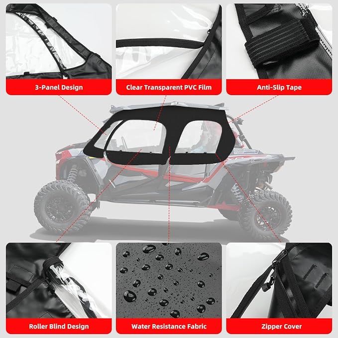 2014-2023 RZR XP4 1000 Soft Upper Doors Kit YKK Zipper, UTV Cab Enclosure Compatible with Polaris RZR XP 4 1000 2014-2023, Work with Side Mirror Windshield Roof