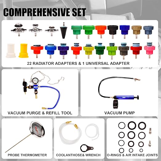 SGT Coolant Pressure Tester Kit, 33pc Universal Cooling System Radiator Leak Tester & Refiller with 23 Radiator Adapters,Master Coolant Vacuum Refill Kit with Vacuum Pump Vacuum Purge & Refill Tool