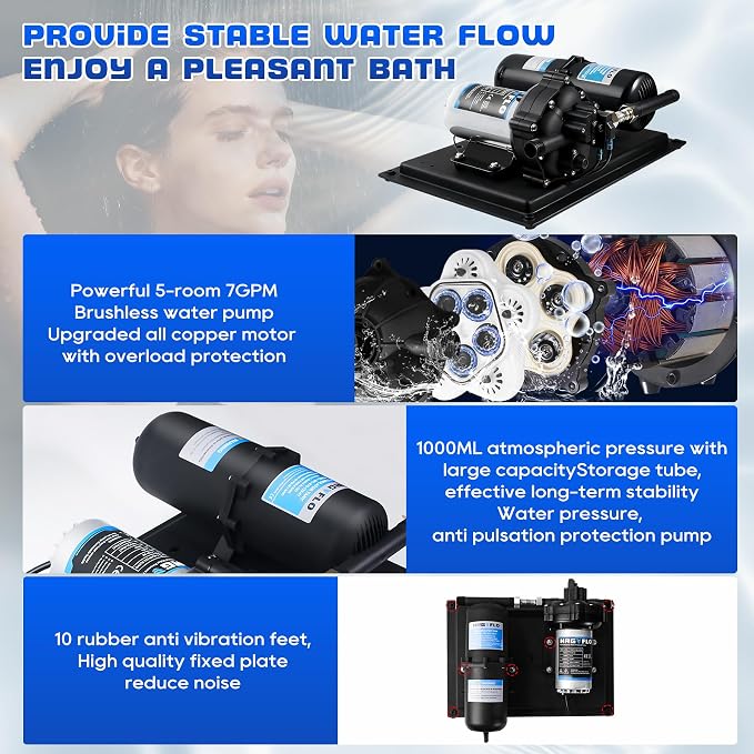 RV Water Pump 110V AC 7GPM 70PSI with 1L 125PSI Pre-Pressurized Accumulator Tank, Ultra-Quiet Water Pressure System for Homes, RVs, Irrigation & Marine Use