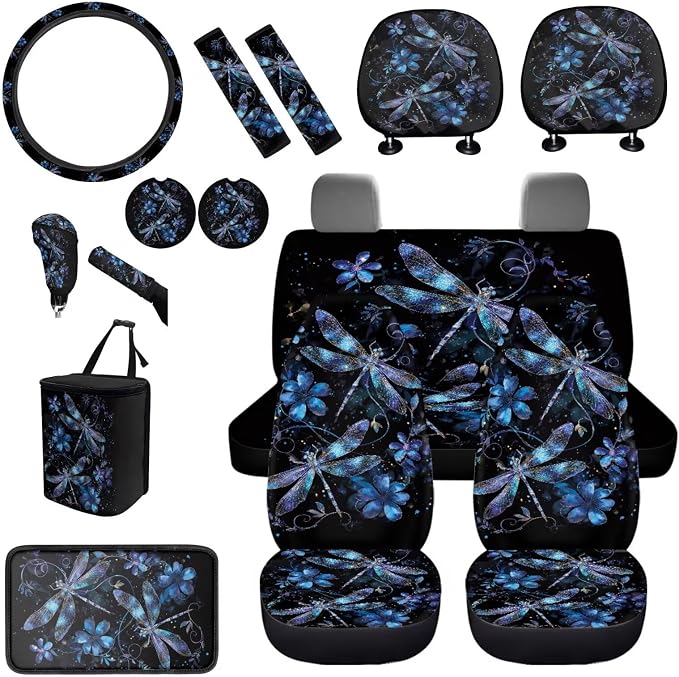 BIGCARJOB 15 Pack Purple Dragonfly Car Seat Cover Full Set Auto Seat Headrest Cover Universal Steering Wheel Cover Car Trash Can Hanging Automotive Interior Sets for Women Gifts