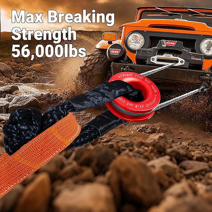 Synthetic Soft Shackle Rope 1/2" x 22" Black Recovery Tow Shackles with Red Recovery Ring 56,000lb Breaking Strength Soft Shackle Recovery Kit for SUV ATV Truck Jeep, Safer Than Metal Shackle