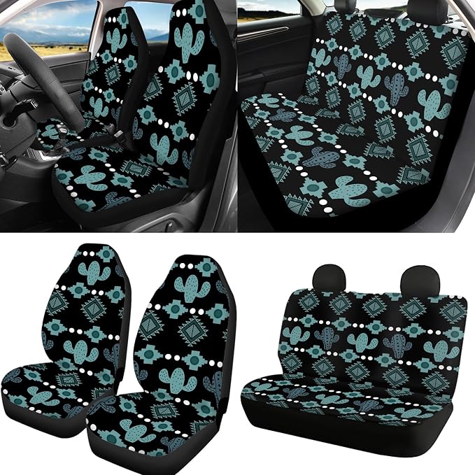 Western Seat Covers Full Set with Cactus Aztec Tribal Steering Wheel Cover, Shoulder Pads, Aztec Seat Covers Car Accessories Universal Fit for Most Cars, Green