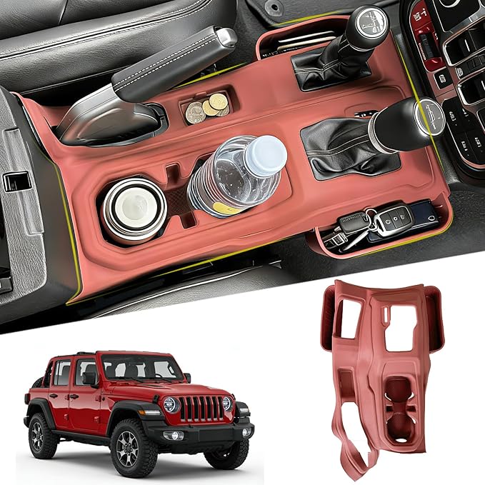 Silicone Center Console Gear Shift Panel Trim Cover for Jeep Wrangler JL/JLU/Gladiator JT 2018-2026, with Non-Slip Cup Holder Mat & Side Organizer Tray, Car Interior Storage Box Accessories