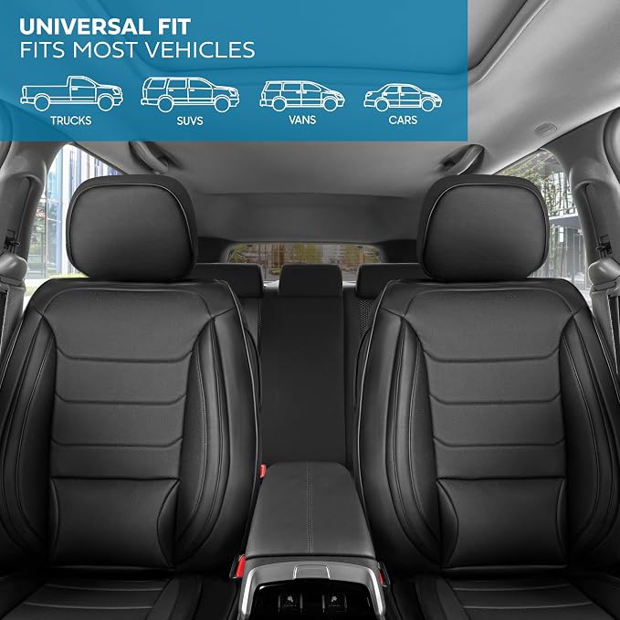 MotorBox Meridian Series Napa Leather Seat Covers for Cars, Classic Cushion Front Seat Covers, Premium PU Leatherette Black Car Seat Covers with Classic Line Design, Cars Trucks SUVs