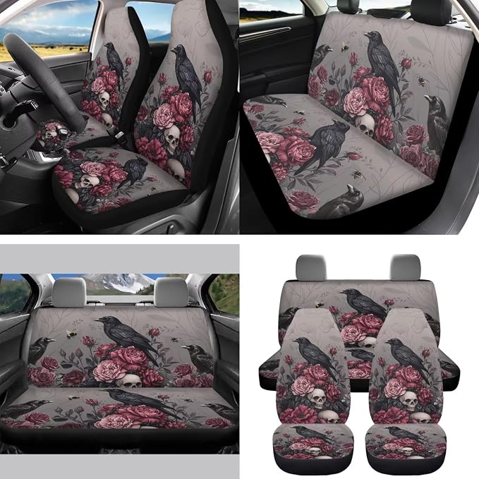 15 Pcs Rose Skull Car Seat Covers Full Set for Women Goth Raven Car Accessories Interior Car Steering Wheel Cover Seatbelt Covers Trash Bin Rear View Mirror Cover Cup Holders Keychain