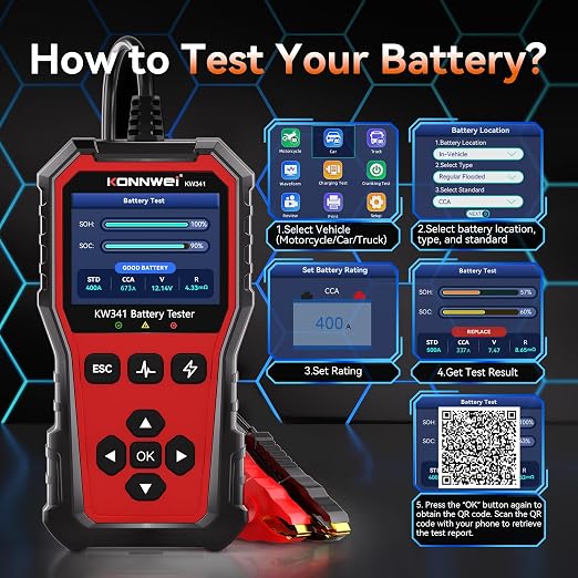 KONNWEI KW341 Car Battery Tester 6V 12V 24V Automotive Battery Load Tester Digital Battery Analyzer for Motorcycle Car Truck, Test SOH SOC CCA Resistance Voltage, Cranking Charging System Print