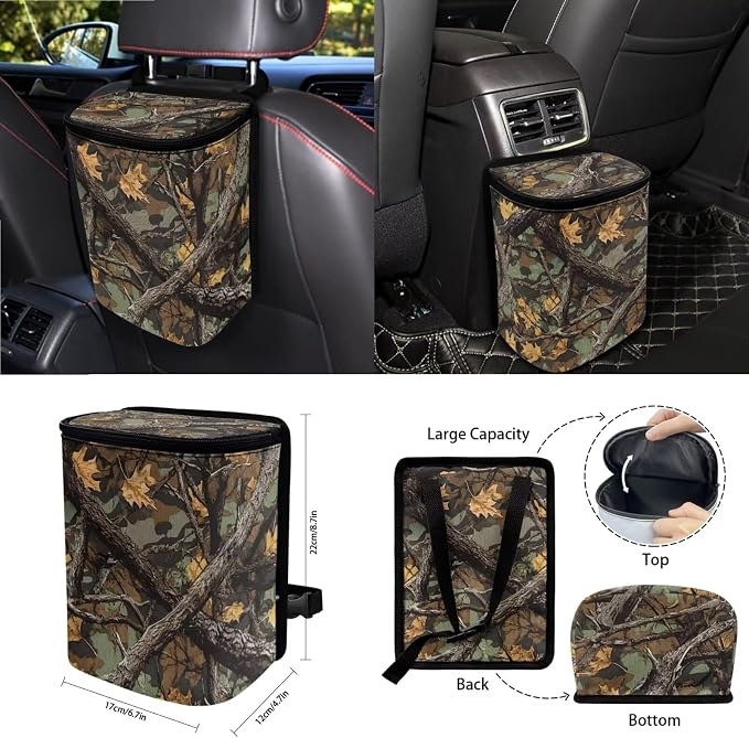 Hunting Camo Pattern Auto Interior Set of 15, Full Set Seat Covers for Cars Steering Wheel Cover Seatbelt Cushion Air Outlet Storage Bag Trash Can Cup Coasters Keychain