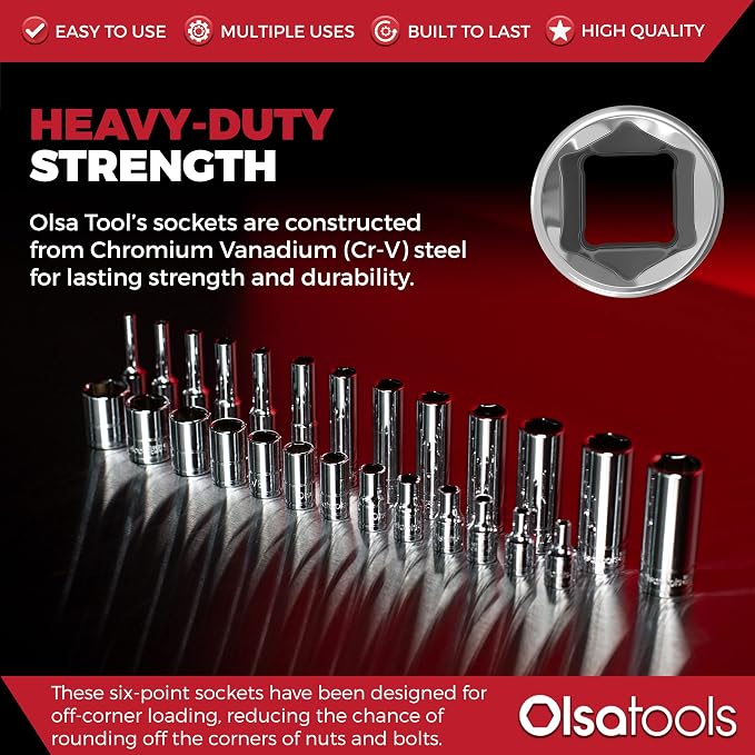 Olsa Tools SAE Deep Socket Set - 3/8-Inch Drive, 13pc - 6-Point Chrome Sockets from 1/4" to 1" and No Skipped Sizes - Mechanic Deep SAE Socket Set - Professional Grade Long Sockets - Part: 1332