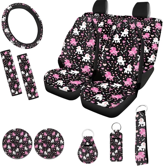 Pink Poodle Dog Car Seat Covers 12 Pack Set Universal Fit Auto Steering Wheel Cover Seat Belt Keys RingAbsorbent Cup Holder Pads for SUV Truck Vehicle Interior Set Dog Lover Car Accessory