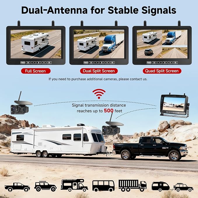 Dual Wireless Magnetic Backup Camera with 7” 1080P HD 4CH Monitor | Solar 15000mAh Rechargeable Night Vision Rear Camera, DVR Loop Recording Waterproof No Delay for Truck RV Camper Trailer Boat