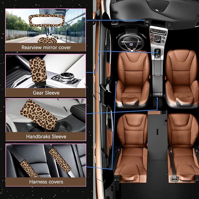 24 Pcs Leopard Print Car Accessories,Including License Plate Frame,Rearview Mirror Decoration,Etc,Suitable for Sedan,SUV and Other,Cute Car Interior Set for Women (Brown)