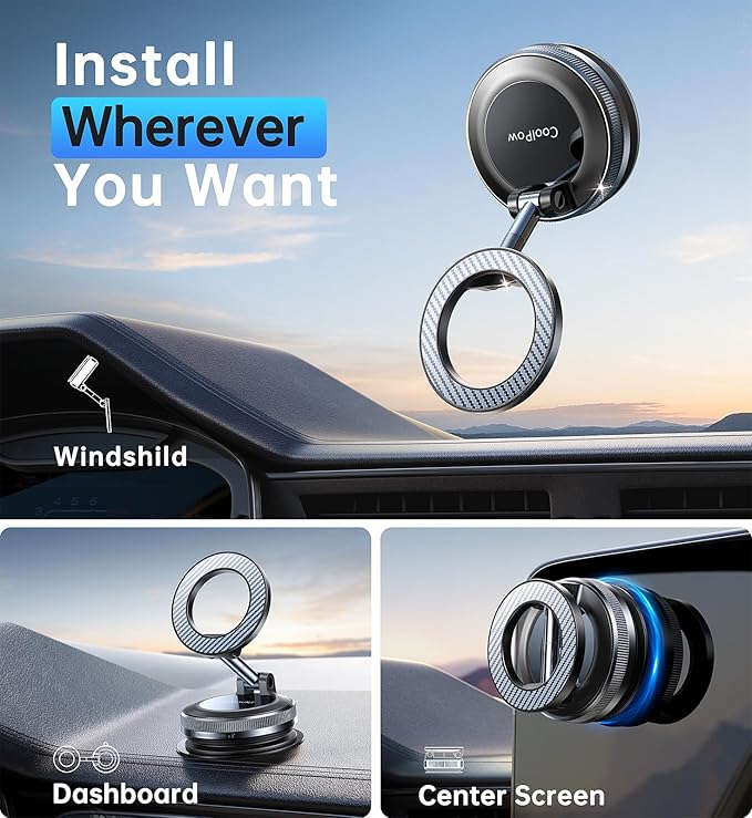 Coolpow Magsafe Car Mount【Strongest Magnet】 Magnetic Phone Holders for Your Car【AdhesiveFree | Pure Vacuum Suction Phone Mount for Car Phone Holder Mount Dash for iPhone 17 16 15 Valentines Day Gifts