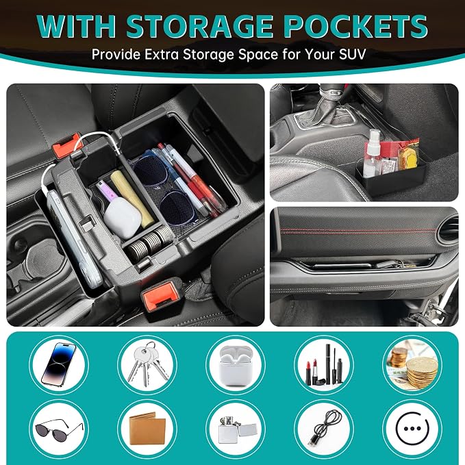 4PCS Center Console Organizer Combo Kit Compatible with 2024 2025 2026 Jeep Wangler JL JLU 4xe Rubicon Sahara & Gladiator JT Accessories, Armrest Storage Box & Grab Bar Tray & Gear Shift Tray