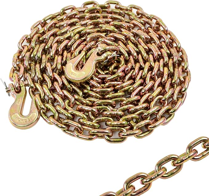 Heavy Duty G80 Transport Binder Chain 3/8'' Inch x 20 Feet,Tow Chain with G70 Clevis Grab Hooks,7100 lbs Safe Working Load Logging Chain for Transporting, Towing(3/8'' x 20FT Yellow).