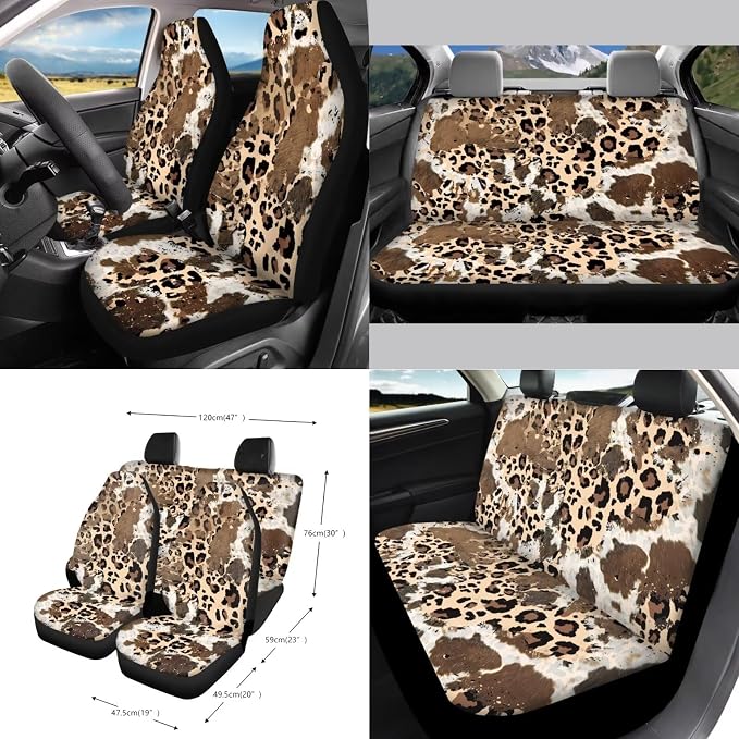 Brown Cow Leopard Pattern Car Seat Covers Full Set Steering Wheel Cover Trash Can Air Vent Storage Bag Seatbelt Covers Rearview Mirror Cover Cup Coasters 15pcs Car Interior