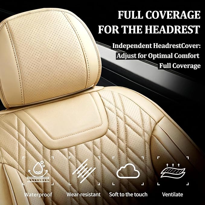 Car Seat Covers Compatible with Ford Taurus 2002-2019 - Full Set 5 Seats Luxury Leather All-Weather Seat Cushions & Protectors, Waterproof & Breathable, Airbag Compatible (Beige)