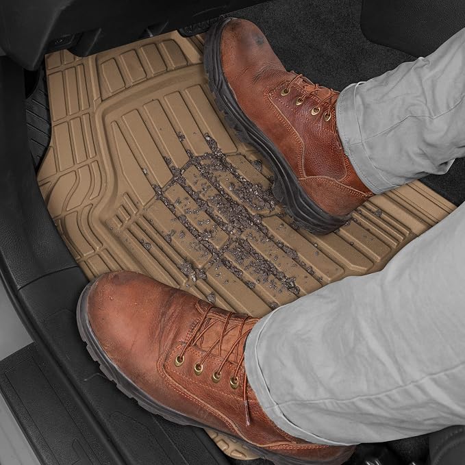BDK Cat® CAMT-1003 (3-Piece) Deep Dish Rubber Car Floor Mats with Trunk Cargo Liner, Heavy Duty All Weather Trim to Fit Front & Rear Combo Set for Car Sedan SUV Van Beige