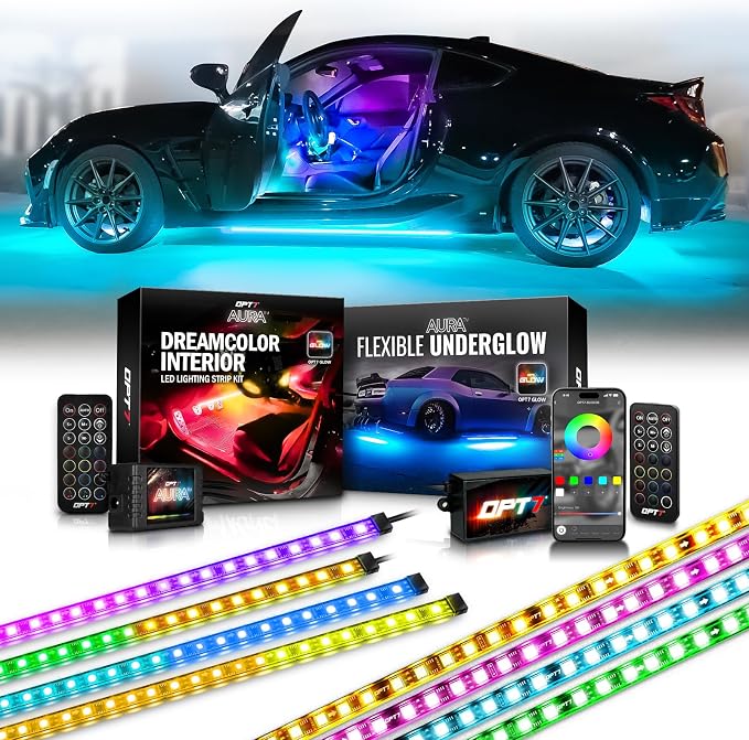 OPT7 Interior Bundle w/Underglow LED Lights for Cars Trucks with App & Remote Control, Music Sound Sync, Neon Underbody Lighting Kit, RGB Multicolor Car Ambient Decor