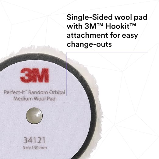 3M Perfect-It Random Orbital Medium Wool Compounding Pad, 5"/130 mm, White, 34121, Orbital Pads for Automotive Compounding and Polishing