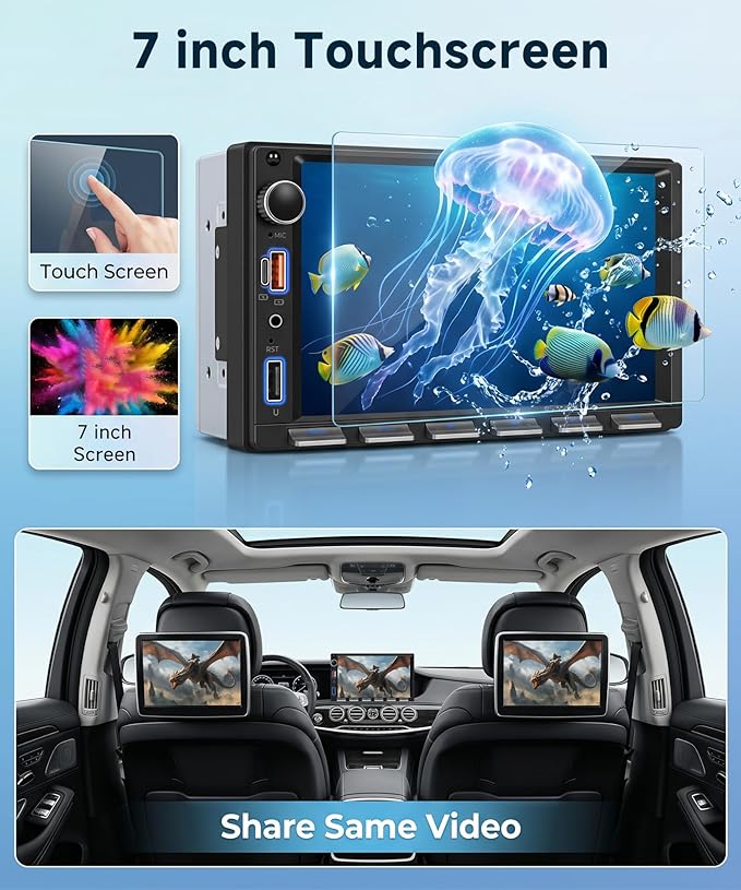 Double Din Car Radio Stereo, 7 inch Touch Screen Radio for Car Stereo Receivers, 2 Din Bluetooth Radio, Backup Camera, SWC, Mirror Link, Support FM/EQ/AUX, Type-C & USB Charging