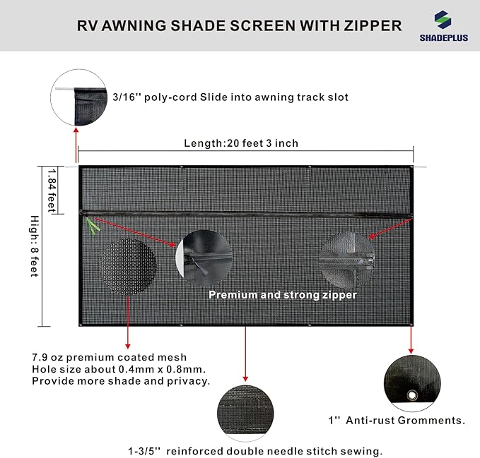 RV Awning Sun Shade Screen 8'x20'3''(Fit for 21' Awning),Black Mesh Shade Screen with Zipper,Universal Trailer Camper Awning Screen with Complete Kits,Improves Shadow and Privacy.