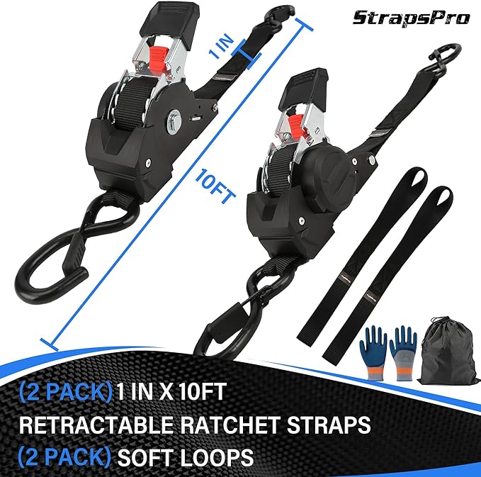Retractable Ratchet Straps, 1763lb Break Strength Self Retracting Ratchet Straps Heavy Duty with Soft Loops, 10FT Auto Tie Down Straps Easy Retract for Motorcycle, Truck, Securing Cargo, 2 Pack