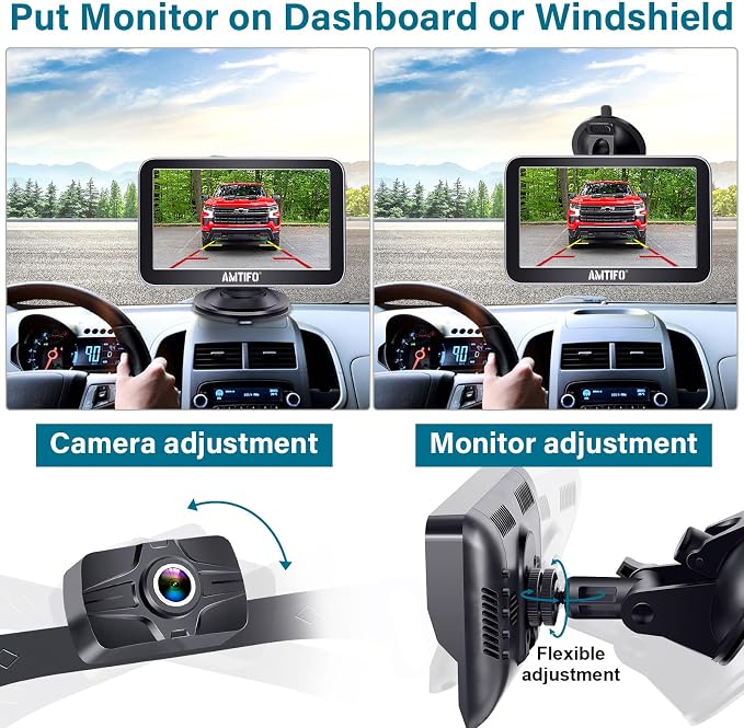 Backup Camera 7-Inch Monitor Truck: 2K USB Plug-Play Easy Set up No Glare-Led Lights Car Rear View Camera Clear Night Vision Reverse Camera DIY Parking Line - AMTIFO A23
